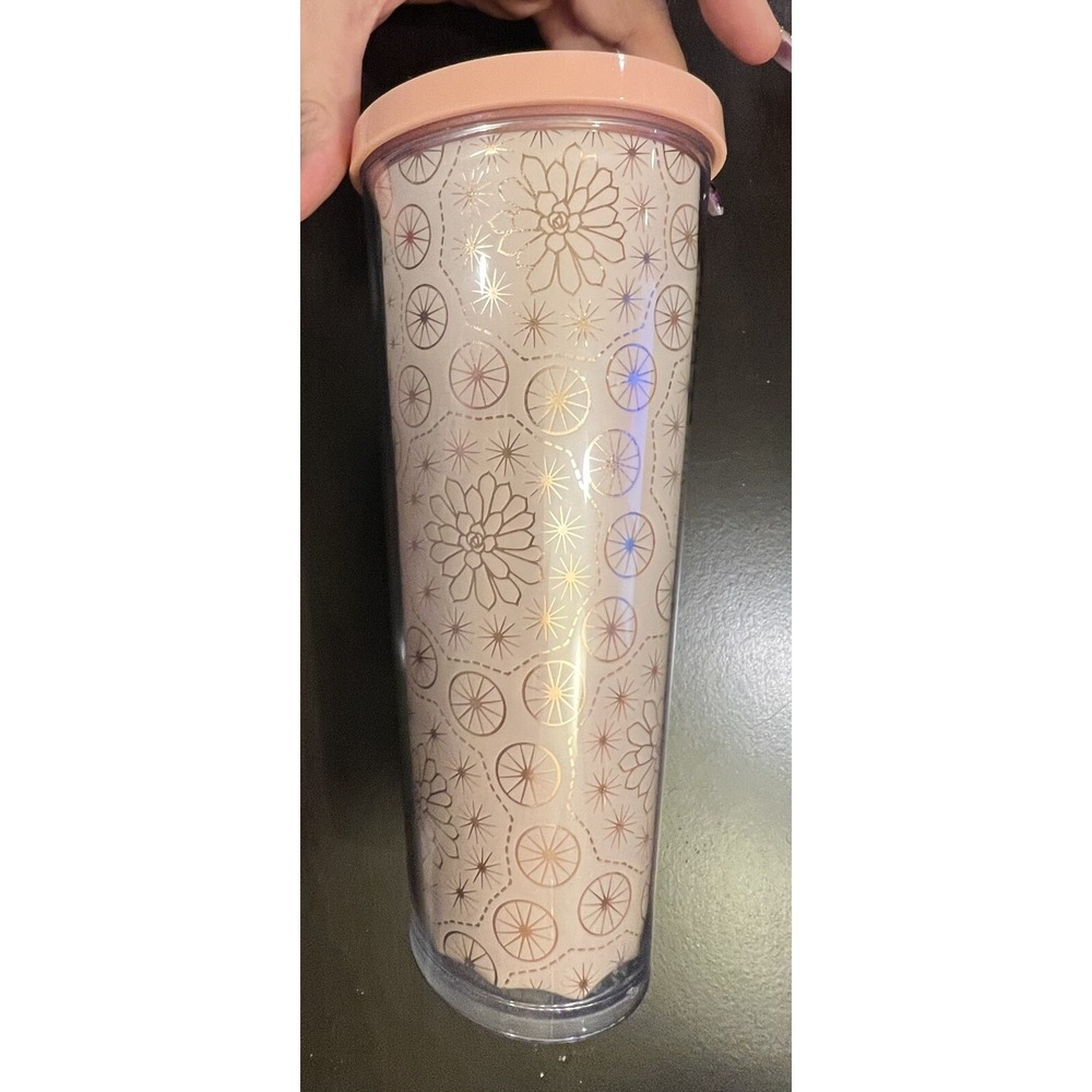 Starbucks Peach Rose Gold Floral Succulent Cold Cup Tumbler 24 oz Venti